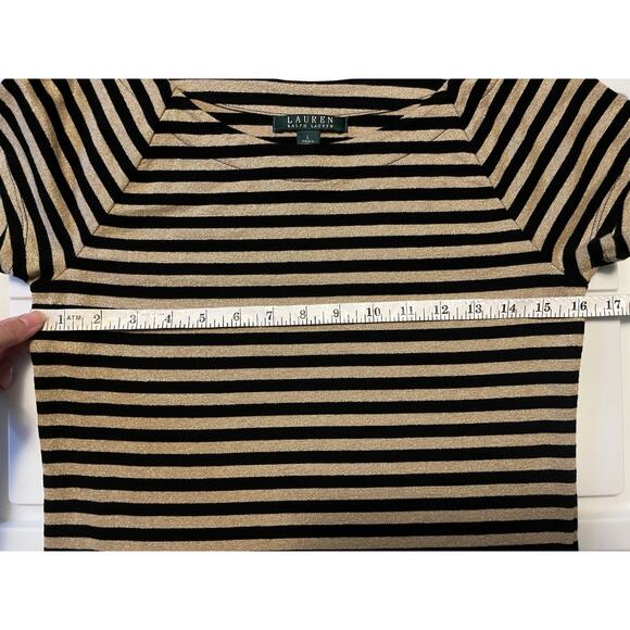 Lauren Ralph Lauren Shirt Women’s Large Black Gold Metallic Striped Stretch Top - Picture 7 of 8